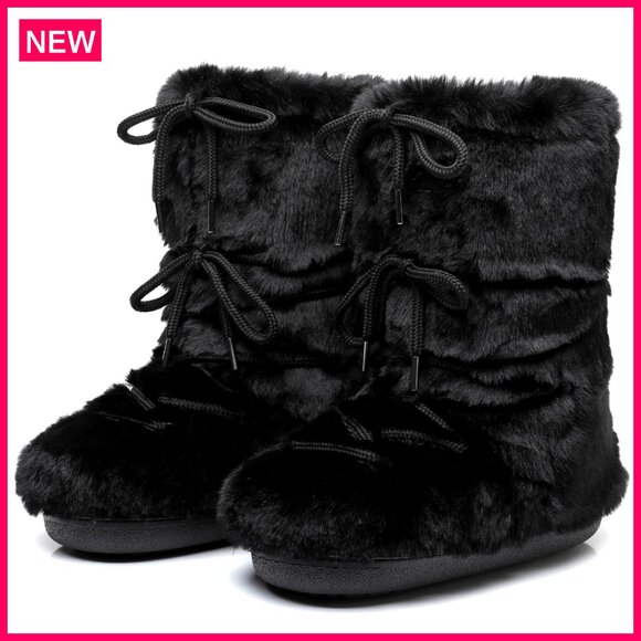 Shoes - Faux Fur Lined Snow Boots, Non-Slip Lace-Up Mid-Calf Ski Boots for Women
